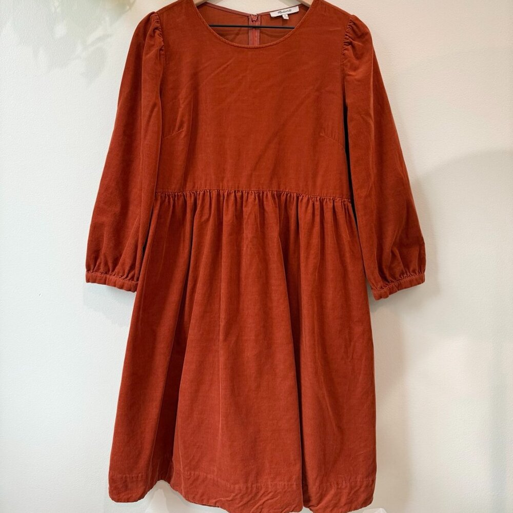Madewell Corduroy Puff-Sleeve Mini Dress 90s Inspired Faded Rust Size Medium - Picture 3 of 8